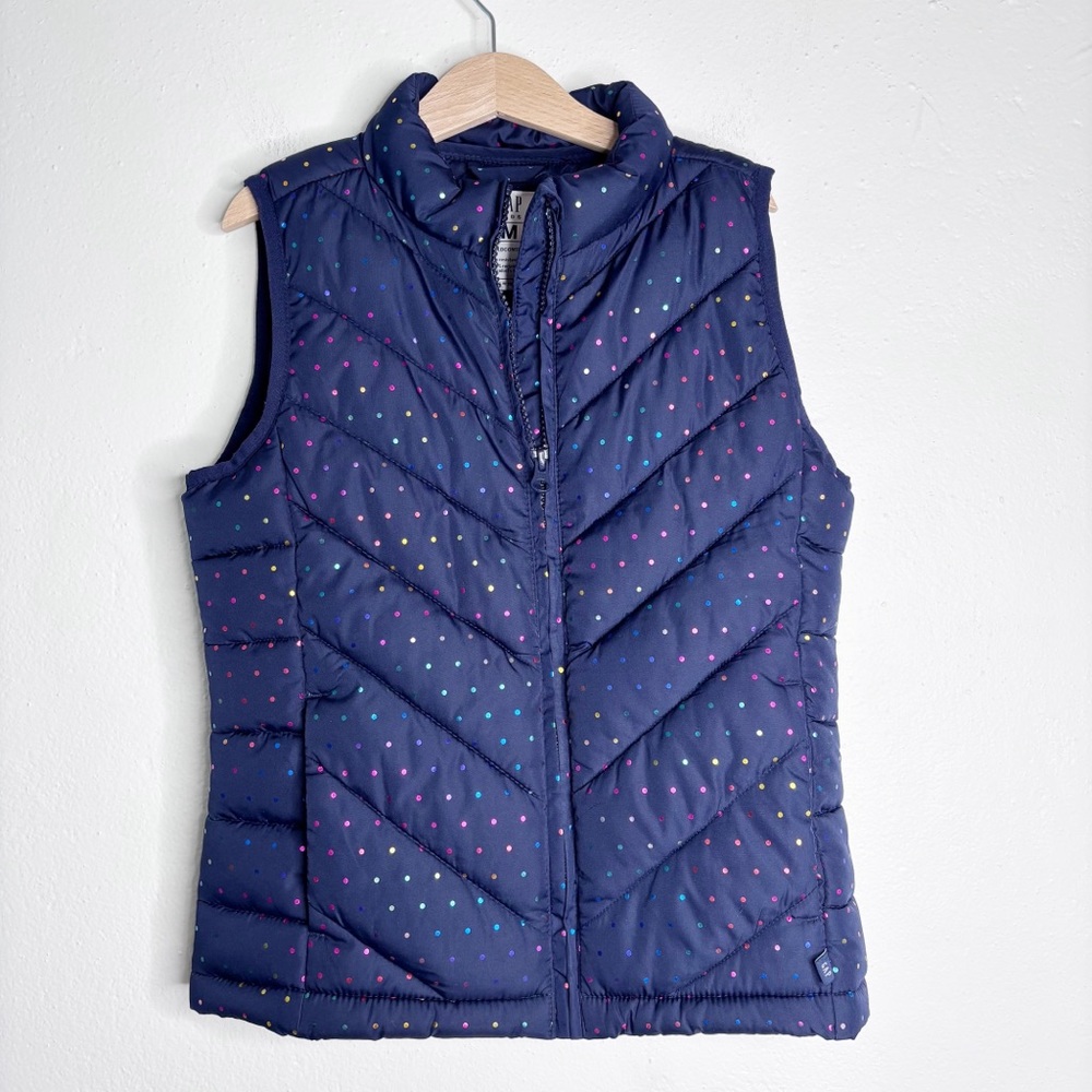 Gap Kids Cold Control Metallic Rainbow Dot Navy Puffer Vest size M EUC